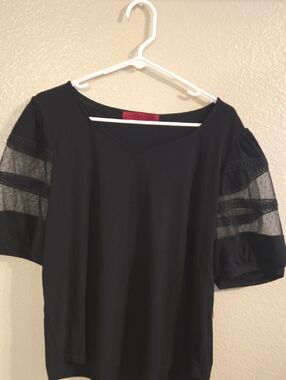 Black Short-Sleeve Tee with Sheer Puff Sleeves